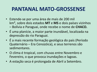 PANTANAL MATO-GROSSENSE
• Estende-se por uma área de mais de 200 mil
km², sobre dois estados MT e MS e dois países vizinhos
– Bolívia e Paraguai, onde recebe o nome de CHACO.
• É uma planície, a maior parte inundável, localizada na
depressão do rio Paraguai.
• É a mais recente formação geológica do país (Período
Quaternário – Era Cenozóica), e seus terrenos são
sedimentares.
• O clima é tropical, com chuvas entre Novembro e
Fevereiro, o que provoca inundações e lagoas.
• A estação seca é prolongada de Abril a Setembro.
 