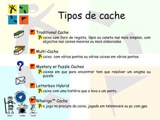 Tipos de cache Traditional Cache caixa com livro de registo, lápis ou caneta nas mais simples, com objectos nas caixas maiores ou mais elaboradas. Multi-Cache caixa  com vários pontos ou várias caixas em vários pontos. Mystery or Puzzle Caches caixas em que para encontrar tem que resolver um enigma ou puzzle. Letterbox Hybrid caixa com uma história que o leva a um ponto. Wherigo™ Cache o jogo na procura da caixa, jogado em telemoveis ou pc com gps. 