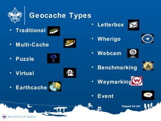 Geocache Types
• Traditional
• Multi-Cache
• Puzzle
• Virtual
• Earthcache
• Letterbox
• Wherigo
• Webcam
• Benchmarking
• Waymarking
• Event
 