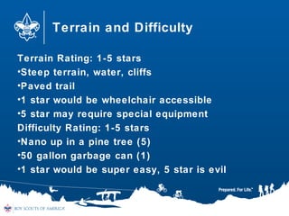 Terrain and Difficulty
Terrain Rating: 1-5 stars
•Steep terrain, water, cliffs
•Paved trail
•1 star would be wheelchair accessible
•5 star may require special equipment
Difficulty Rating: 1-5 stars
•Nano up in a pine tree (5)
•50 gallon garbage can (1)
•1 star would be super easy, 5 star is evil
 
