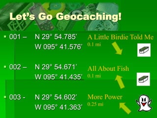 Let’s Go Geocaching!
 001 – N 29° 54.785’
W 095° 41.576’
 002 – N 29° 54.671’
W 095° 41.435’
 003 - N 29° 54.602’
W 095° 41.363’ 39
A Little Birdie Told Me
0.1 mi
All About Fish
0.1 mi
More Power
0.25 mi
 