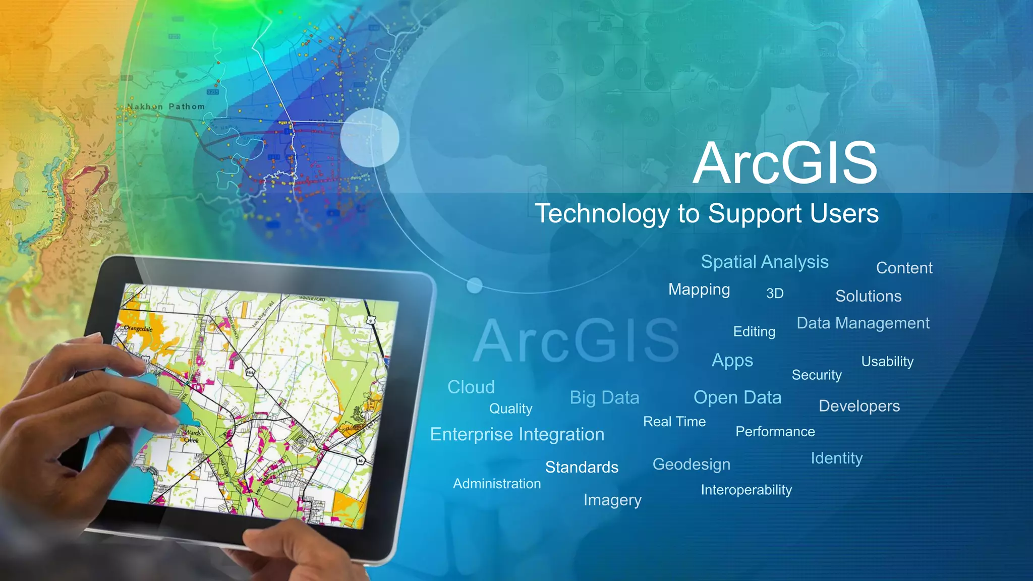 ArcGIS
Technology to Support Users
Real Time
Administration
Performance
Interoperability
Security
3D
Editing
Usability
Standards
Quality
 