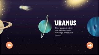 Uranus
Tilted gas giant with icy
blue methane clouds,
faint rings, and several
moons.
 