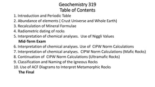 Geochemistry 319
Table of Contents
1. Introduction and Periodic Table
2. Abundance of elements ( Crust Universe and Whole Earth)
3. Recalculation of Mineral Formulae
4. Radiometric dating of rocks
5. Interpretation of chemical analyses. Use of Niggli Values
Mid-Term Exam
6. Interpretation of chemical analyses. Use of CIPW Norm Calculations
7. Interpretation of chemical analyses. CIPW Norm Calculations (Mafic Rocks)
8. Continuation of CIPW Norm Calculations (Ultramafic Rocks)
9. Classification and Naming of the Igneous Rocks
10. Use of ACF Diagrams to Interpret Metamorphic Rocks
The Final
 