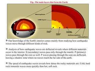 Fig.- The main layers that form the Earth.
 Our knowledge of the Earth's interior comes mainly from studying how earthquake
waves move through different kinds of rock.
 Analysis of how earthquake waves are deflected reveals where different materials
occur in the interior. S (secondary) waves pass only through the mantle. P (primary)
waves pass through the core as well. P waves passing through the core are deflected,
leaving a shadow zone where no waves reach the far side of the earth.
 The speed of earthquake waves reveals how dense the rocky materials are. Cold, hard
rock transmits waves more quickly than hot, soft rock.
 