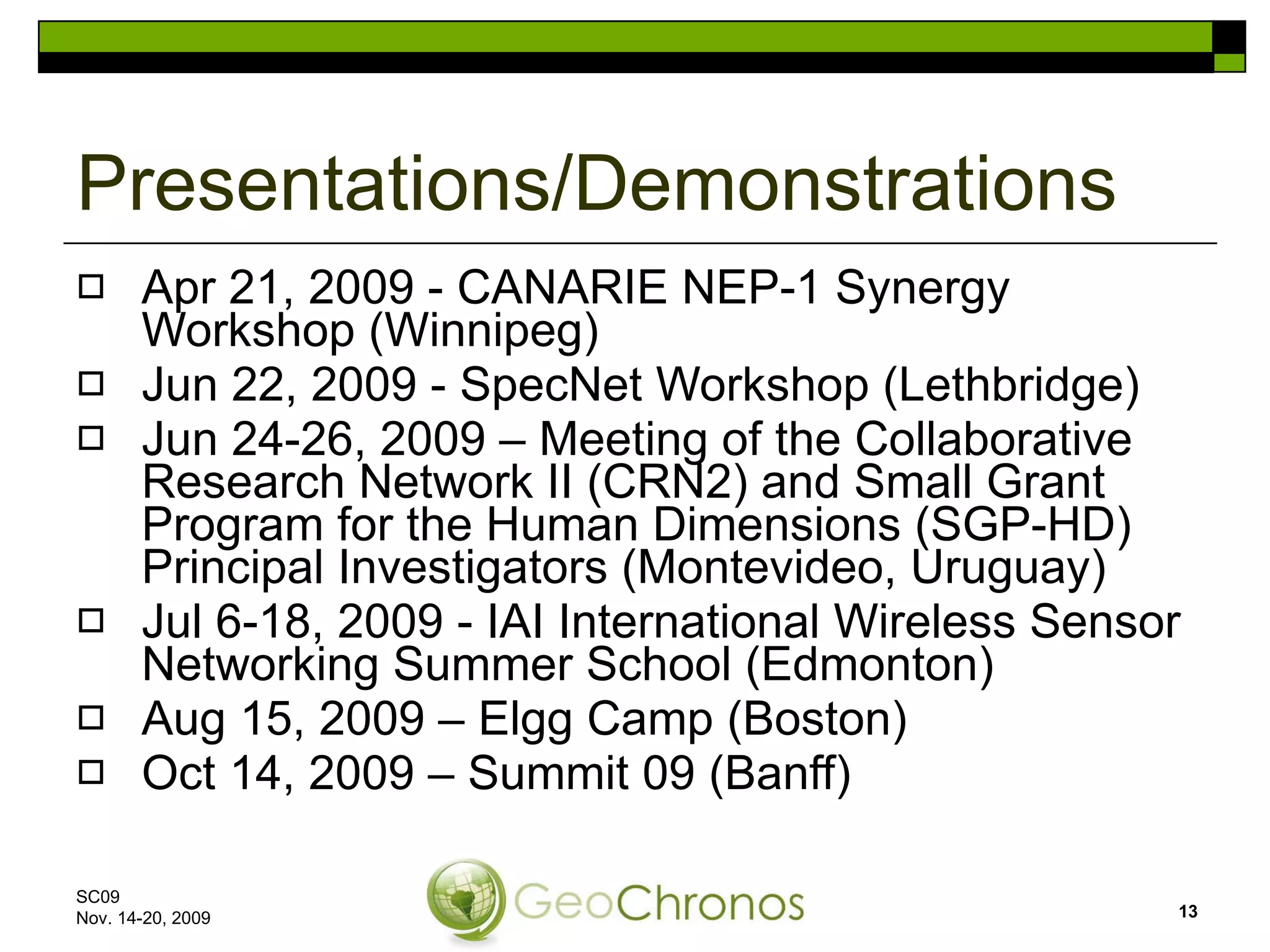 Apr 21, 2009 - CANARIE NEP-1 Synergy Workshop (Winnipeg) Jun 22, 2009 - SpecNet Workshop (Lethbridge)  Jun 24-26, 2009 – Meeting of the Collaborative Research Network II (CRN2) and Small Grant Program for the Human Dimensions (SGP-HD) Principal Investigators (Montevideo, Uruguay) Jul 6-18, 2009 - IAI International Wireless Sensor Networking Summer School (Edmonton) Aug 15, 2009 – Elgg Camp (Boston) Oct 14, 2009 – Summit 09 (Banff) Presentations/Demonstrations SC09  Nov. 14-20, 2009 