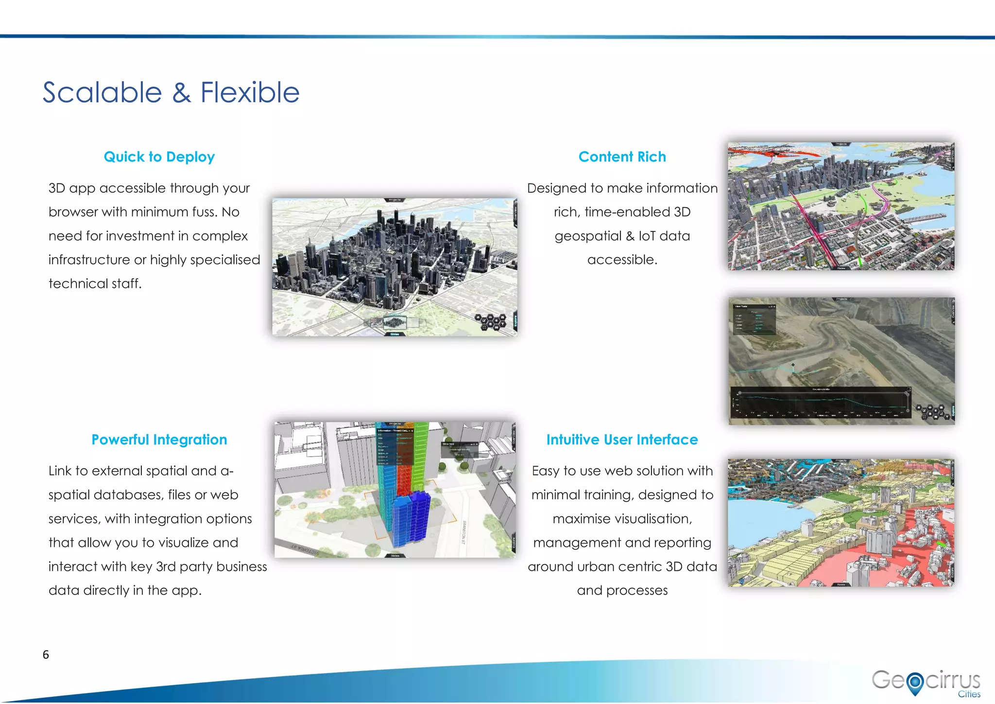 6
Scalable & Flexible
Quick to Deploy
3D app accessible through your
browser with minimum fuss. No
need for investment in complex
infrastructure or highly specialised
technical staff.
Content Rich
Designed to make information
rich, time-enabled 3D
geospatial & IoT data
accessible.
Powerful Integration
Link to external spatial and a-
spatial databases, files or web
services, with integration options
that allow you to visualize and
interact with key 3rd party business
data directly in the app.
Intuitive User Interface
Easy to use web solution with
minimal training, designed to
maximise visualisation,
management and reporting
around urban centric 3D data
and processes
 