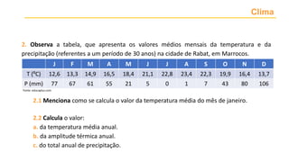 Clima
2. Observa a tabela, que apresenta os valores médios mensais da temperatura e da
precipitação (referentes a um período de 30 anos) na cidade de Rabat, em Marrocos.
J F M A M J J A S O N D
T (ºC) 12,6 13,3 14,9 16,5 18,4 21,1 22,8 23,4 22,3 19,9 16,4 13,7
P (mm) 77 67 61 55 21 5 0 1 7 43 80 106
2.1 Menciona como se calcula o valor da temperatura média do mês de janeiro.
2.2 Calcula o valor:
a. da temperatura média anual.
b. da amplitude térmica anual.
c. do total anual de precipitação.
Fonte: educaplus.com
 