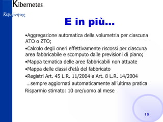 E in più… Aggregazione automatica della volumetria per ciascuna ATO o ZTO; Calcolo degli oneri effettivamente riscossi per ciascuna area fabbricabile e scomputo dalle previsioni di piano; Mappa tematica delle aree fabbricabili non attuate Mappa delle classi d’età del fabbricato Registri Art. 45 L.R. 11/2004 e Art. 8 L.R. 14/2004 … sempre aggiornati automaticamente all’ultima pratica  Risparmio stimato: 10 ore/uomo al mese 
