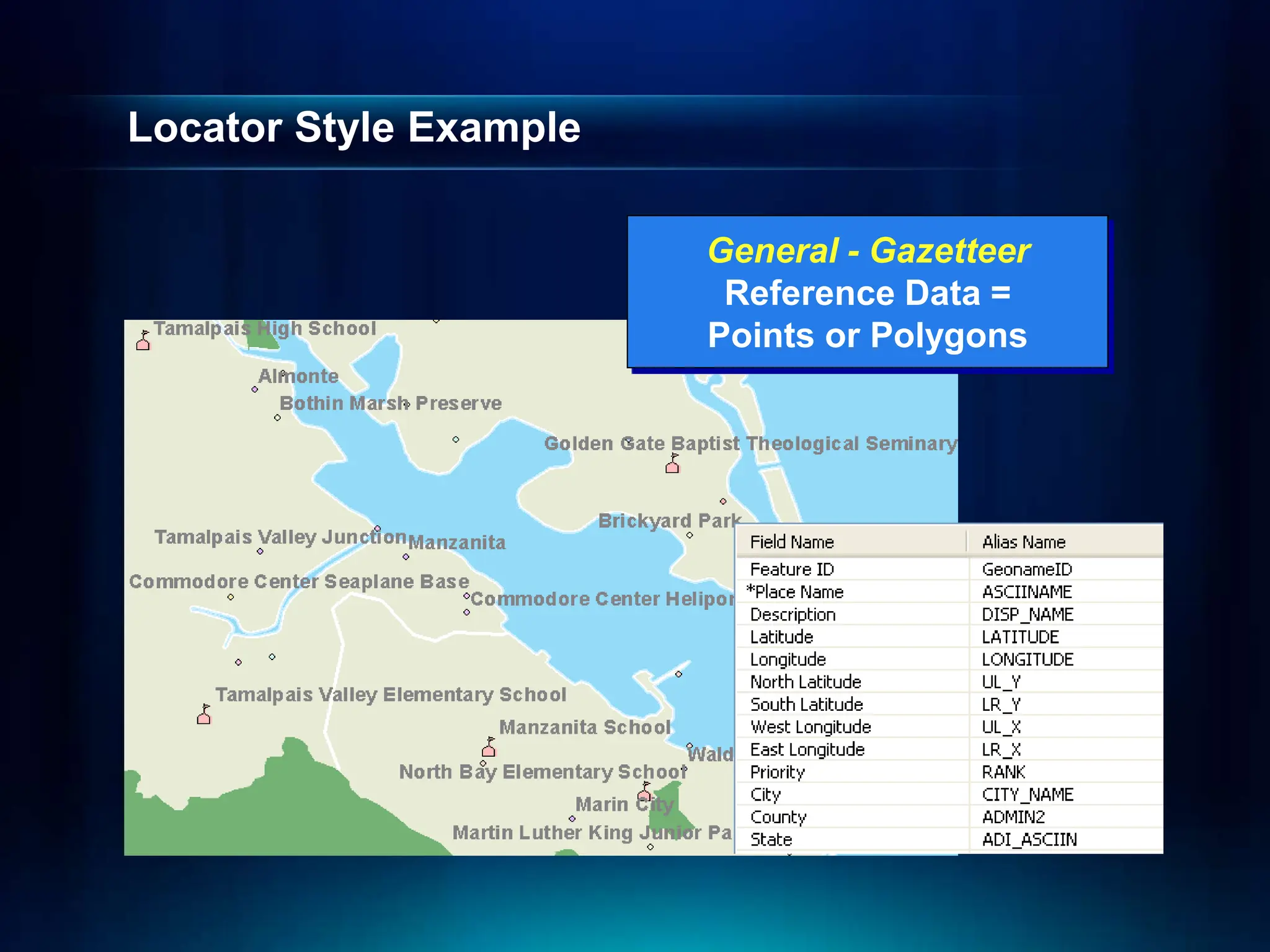 Locator Style Example
General - Gazetteer
Reference Data =
Points or Polygons
 