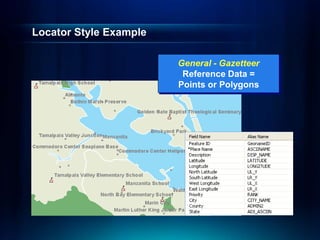 Locator Style Example
General - Gazetteer
Reference Data =
Points or Polygons
 