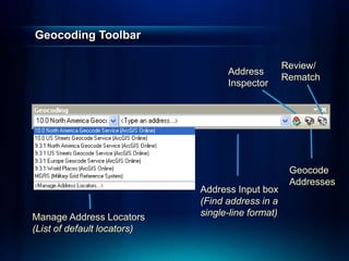 Geocoding Toolbar
Manage Address Locators
(List of default locators)
Address
Inspector
Geocode
Addresses
Review/
Rematch
Address Input box
(Find address in a
single-line format)
 