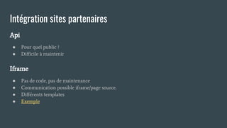 Intégration sites partenaires
Api
● Pour quel public ?
● Difficile à maintenir
Iframe
● Pas de code, pas de maintenance
● Communication possible iframe/page source.
● Différents templates
● Exemple
 