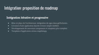 Intégration itérative et progressive
● Mise en place de l’architecture, intégration de ngeo dans geOrchestra.
● Livraison d’une application épurée (viewer simple mobile).
● Développement de nouveaux composants et templates plus complets
● Templates d’application niveau mapfishapp
Intégration: proposition de roadmap
 