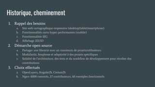 Historique, cheminement
1. Rappel des besoins
a. Site web cartographique responsive (desktop/tablet/smartphone)
b. Fonctionnalités carto hyper performantes (mobile)
c. Fonctionnalités SIG
d. Affichage 2D/3D
2. Démarche open source
a. Partager une librairie avec un maximum de projets/utilisateurs
b. Modularité, Souplesse et adaptivité à des projets spécifiques
c. Solidité de l’architecture, des tests et du workflow de développement pour récolter des
contributions
3. Choix effectués
a. OpenLayers, AngularJS, CesiumJS
b. Ngeo: 4000 commits, 27 contributeurs, 40 exemples fonctionnels
 
