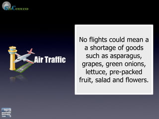 No flights could mean a
                a shortage of goods
                 such as asparagus,
Air Traffic    grapes, green onions,
                 lettuce, pre-packed
              fruit, salad and flowers.
 