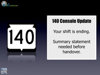 140 Console Update

Your shift is ending.

Summary statement
  needed before
    handover.
 