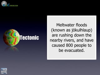 Meltwater floods
            (known as jökulhlaup)
            are rushing down the
Tectonic   nearby rivers, and have
            caused 800 people to
                be evacuated.
 