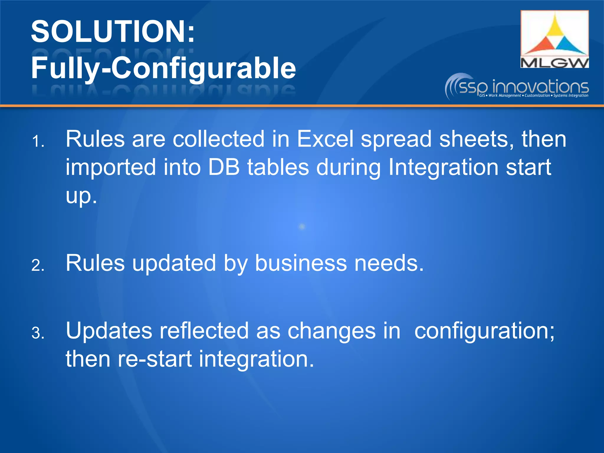 SOLUTION:
Fully-Configurable
1. Rules are collected in Excel spread sheets, then
imported into DB tables during Integration start
up.
2. Rules updated by business needs.
3. Updates reflected as changes in configuration;
then re-start integration.
 