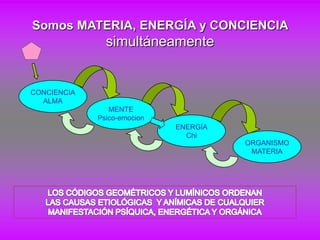 Somos MATERIA, ENERGÍA y CONCIENCIA
               simultáneamente


CONCIENCIA
  ALMA
                MENTE
             Psico-emocion
                             ENERGÍA
                               Chi
                                       ORGANISMO
                                        MATERIA
 