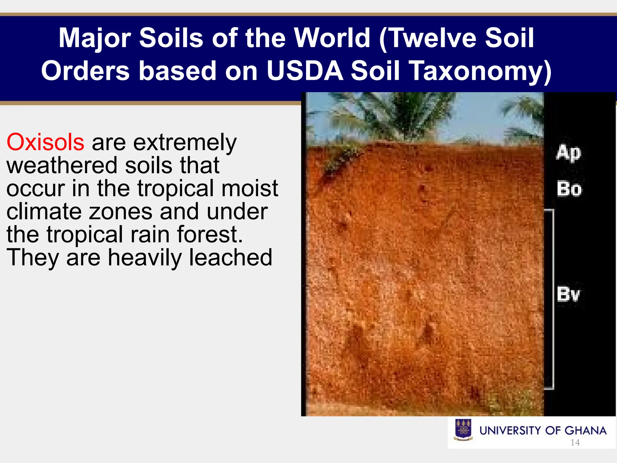 Major Soils of the World (Twelve Soil
Orders based on USDA Soil Taxonomy)
Oxisols are extremely
weathered soils that
occur in the tropical moist
climate zones and under
the tropical rain forest.
They are heavily leached
14
 