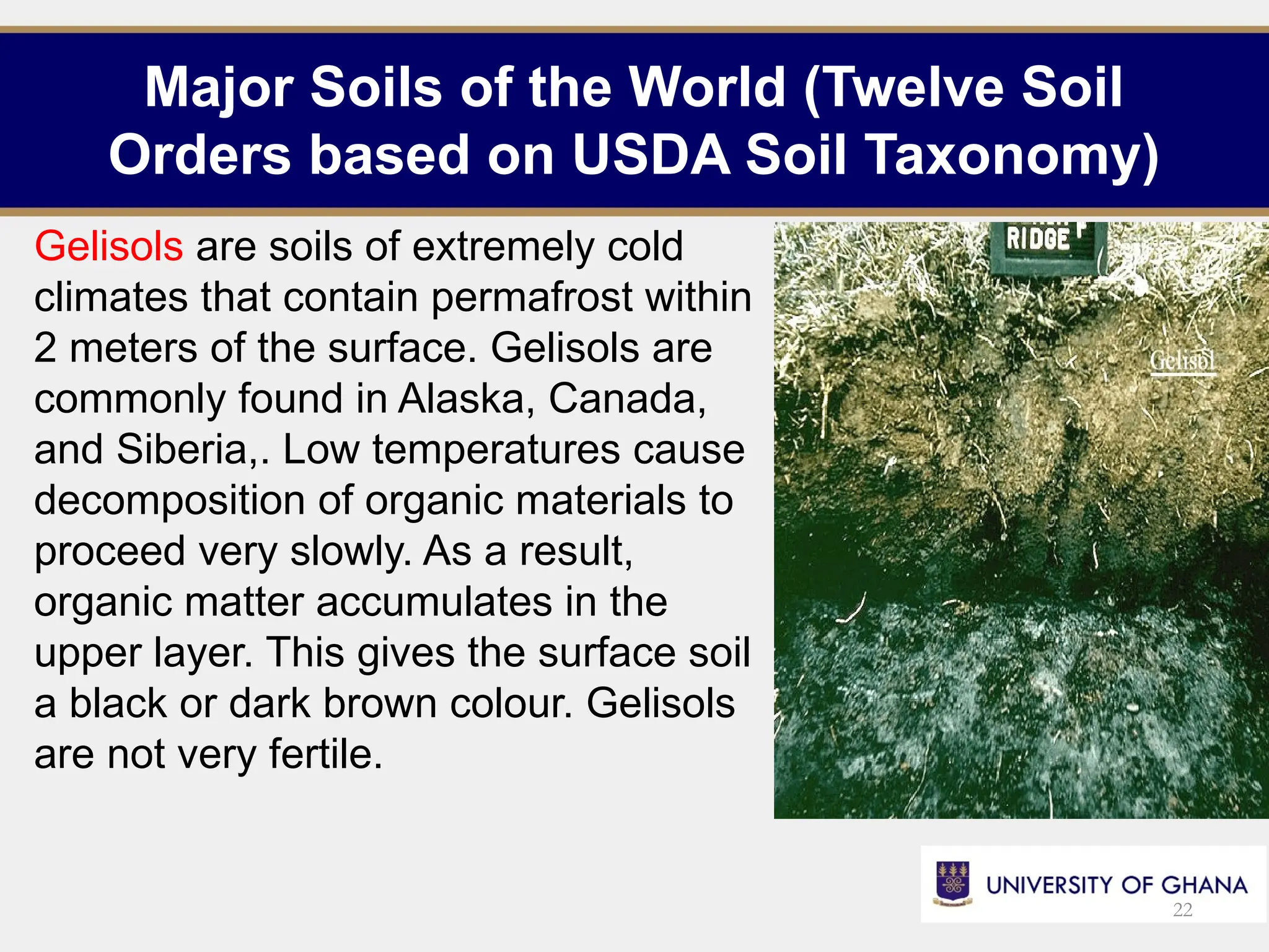 Major Soils of the World (Twelve Soil
Orders based on USDA Soil Taxonomy)
Gelisols are soils of extremely cold
climates that contain permafrost within
2 meters of the surface. Gelisols are
commonly found in Alaska, Canada,
and Siberia,. Low temperatures cause
decomposition of organic materials to
proceed very slowly. As a result,
organic matter accumulates in the
upper layer. This gives the surface soil
a black or dark brown colour. Gelisols
are not very fertile.
22
 