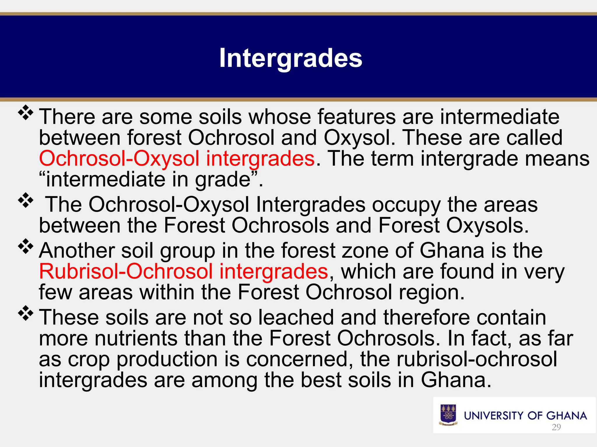 Intergrades
There are some soils whose features are intermediate
between forest Ochrosol and Oxysol. These are called
Ochrosol-Oxysol intergrades. The term intergrade means
“intermediate in grade”.
 The Ochrosol-Oxysol Intergrades occupy the areas
between the Forest Ochrosols and Forest Oxysols.
Another soil group in the forest zone of Ghana is the
Rubrisol-Ochrosol intergrades, which are found in very
few areas within the Forest Ochrosol region.
These soils are not so leached and therefore contain
more nutrients than the Forest Ochrosols. In fact, as far
as crop production is concerned, the rubrisol-ochrosol
intergrades are among the best soils in Ghana.
29
 