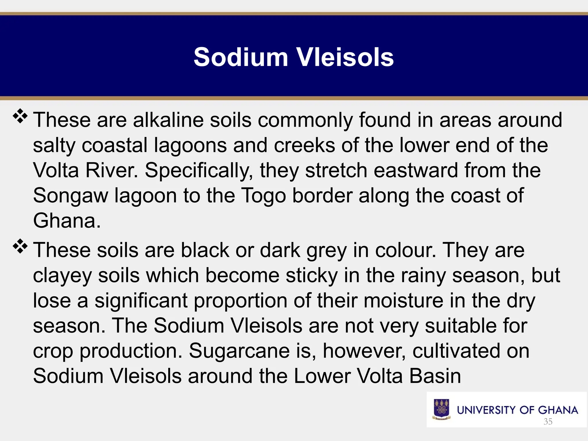 Sodium Vleisols
These are alkaline soils commonly found in areas around
salty coastal lagoons and creeks of the lower end of the
Volta River. Specifically, they stretch eastward from the
Songaw lagoon to the Togo border along the coast of
Ghana.
These soils are black or dark grey in colour. They are
clayey soils which become sticky in the rainy season, but
lose a significant proportion of their moisture in the dry
season. The Sodium Vleisols are not very suitable for
crop production. Sugarcane is, however, cultivated on
Sodium Vleisols around the Lower Volta Basin
35
 
