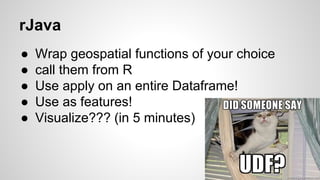 rJava
● Wrap geospatial functions of your choice
● call them from R
● Use apply on an entire Dataframe!
● Use as features!
● Visualize??? (in 5 minutes)
 