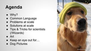 Agenda
● Why?
● Common Language
● Problems at scale
● Solutions at scale
● Tips & Tricks for scientists
(/Wizards)
● Art
● Keep an eye out for…
● Dog Pictures
 