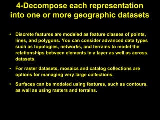 4-Decompose each representation
into one or more geographic datasets
• Discrete features are modeled as feature classes of points,
lines, and polygons. You can consider advanced data types
such as topologies, networks, and terrains to model the
relationships between elements in a layer as well as across
datasets.
• For raster datasets, mosaics and catalog collections are
options for managing very large collections.
• Surfaces can be modeled using features, such as contours,
as well as using rasters and terrains.
 