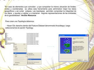 "En caso de elementos que coincidan y que compartan la misma ubicación de límites,
nodos y coordenadas se utiliza esta herramienta para administrar mejor los datos
geográficos y así evitar solapes. Las topologías permiten comprobar la integridad de
los datos y ayudan a validar y a mantener mejores representaciones de las entidades
de la geodatabase". ArcGis Resource
Para crear una Topología debemos:
Hacer Clic derecho dentro del Feature Dataset denominado Anzoátegui, luego
seleccionamos la opción Topology.
 