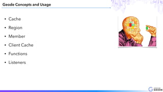 • Cache
• Region
• Member
• Client Cache
• Functions
• Listeners
Geode Concepts and Usage
 