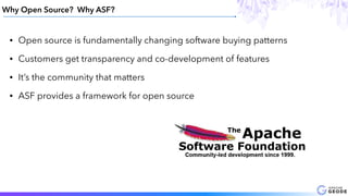 Why Open Source? Why ASF?
• Open source is fundamentally changing software buying patterns
• Customers get transparency and co-development of features
• It’s the community that matters
• ASF provides a framework for open source
 
