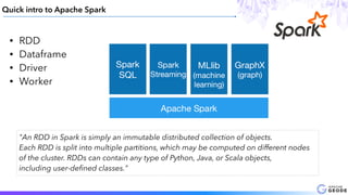 • RDD
• Dataframe
• Driver
• Worker
Quick intro to Apache Spark
"An RDD in Spark is simply an immutable distributed collection of objects.
Each RDD is split into multiple partitions, which may be computed on different nodes
of the cluster. RDDs can contain any type of Python, Java, or Scala objects,
including user-deﬁned classes."
 