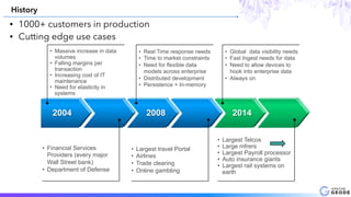 History
2004 2008 2014
•  Massive increase in data
volumes
•  Falling margins per
transaction
•  Increasing cost of IT
maintenance
•  Need for elasticity in
systems
•  Financial Services
Providers (every major
Wall Street bank)
•  Department of Defense
•  Real Time response needs
•  Time to market constraints
•  Need for flexible data
models across enterprise
•  Distributed development
•  Persistence + In-memory
•  Global data visibility needs
•  Fast Ingest needs for data
•  Need to allow devices to
hook into enterprise data
•  Always on
•  Largest travel Portal
•  Airlines
•  Trade clearing
•  Online gambling
•  Largest Telcos
•  Large mfrers
•  Largest Payroll processor
•  Auto insurance giants
•  Largest rail systems on
earth
• 1000+ customers in production
• Cutting edge use cases
 