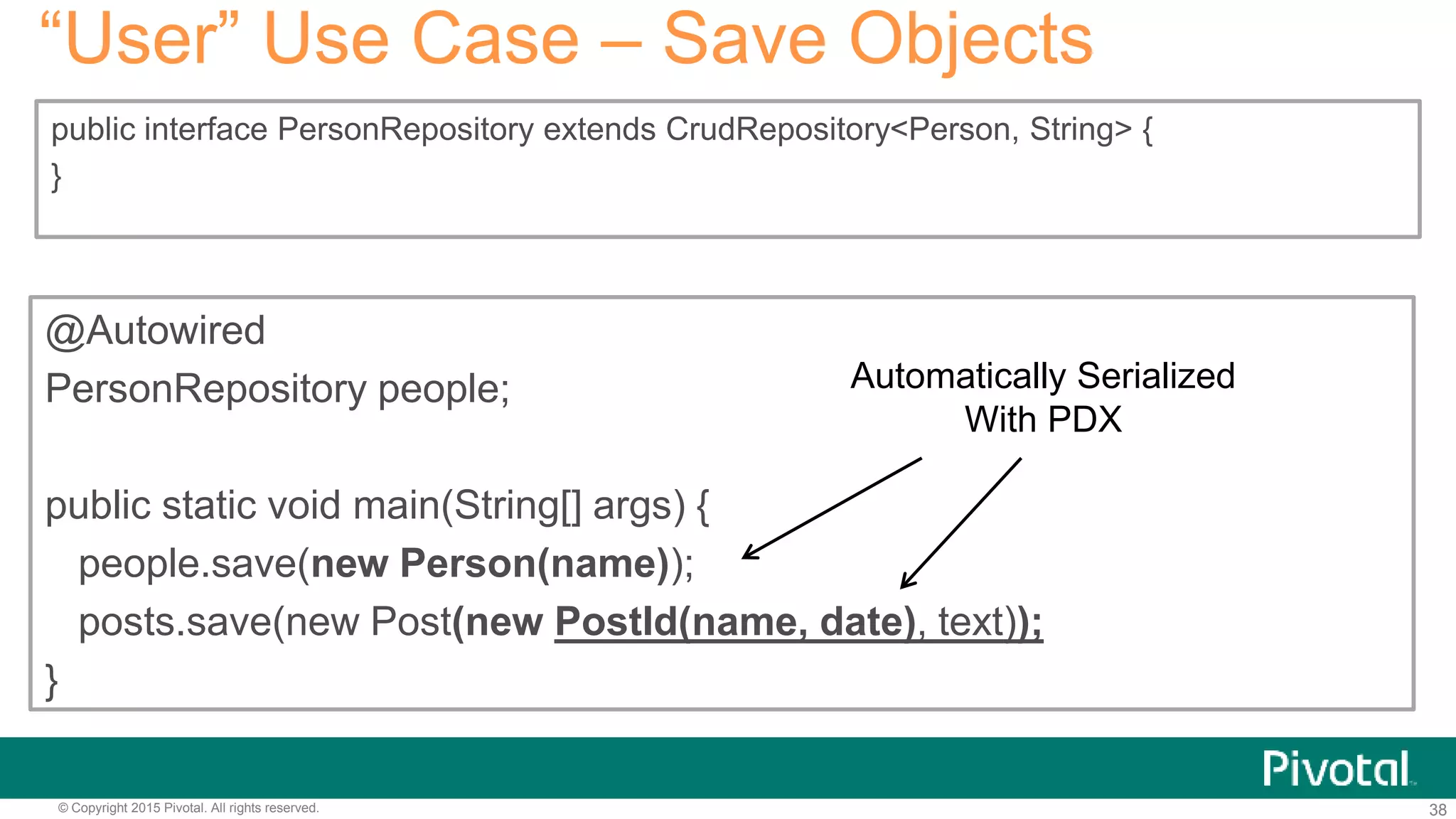 38© Copyright 2015 Pivotal. All rights reserved.
public interface PersonRepository extends CrudRepository<Person, String> {
}
“User” Use Case – Save Objects
@Autowired
PersonRepository people;
public static void main(String[] args) {
people.save(new Person(name));
posts.save(new Post(new PostId(name, date), text));
}
Automatically Serialized
With PDX
 