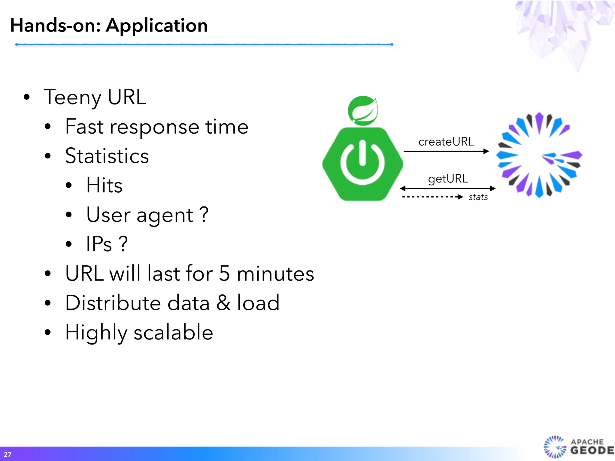 Hands-on: Application
27
• Teeny URL
• Fast response time
• Statistics
• Hits
• User agent ?
• IPs ?
• URL will last for 5 minutes
• Distribute data & load
• Highly scalable
createURL
getURL
stats
 