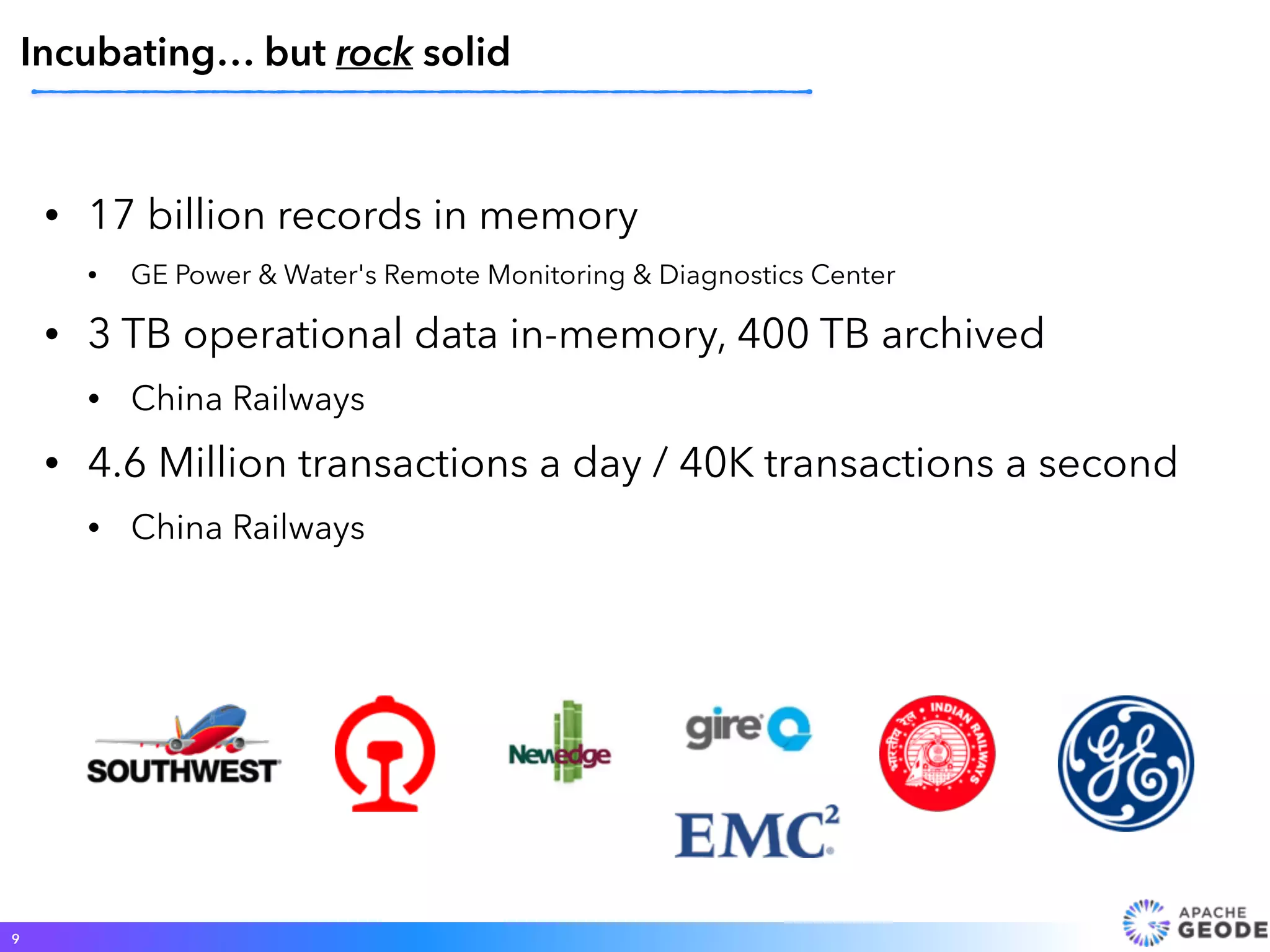 • 17 billion records in memory
• GE Power & Water's Remote Monitoring & Diagnostics Center
• 3 TB operational data in-memory, 400 TB archived
• China Railways
• 4.6 Million transactions a day / 40K transactions a second
• China Railways
9
Incubating… but rock solid
 