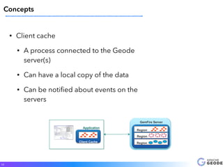 • Client cache
• A process connected to the Geode
server(s)
• Can have a local copy of the data
• Can be notiﬁed about events on the
servers
17
Concepts
Application
GemFire Server
Region
Region
RegionClient Cache
 