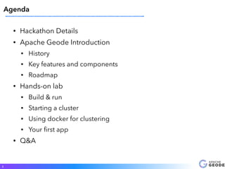 • Hackathon Details
• Apache Geode Introduction
• History
• Key features and components
• Roadmap
• Hands-on lab
• Build & run
• Starting a cluster
• Using docker for clustering
• Your ﬁrst app
• Q&A
2
Agenda
 