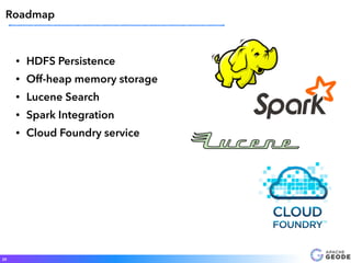 • HDFS Persistence
• Off-heap memory storage
• Lucene Search
• Spark Integration
• Cloud Foundry service
28
Roadmap
 