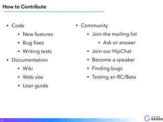 • Code
• New features
• Bug ﬁxes
• Writing tests
• Documentation
• Wiki
• Web site
• User guide
29
How to Contribute
• Community
• Join the mailing list
• Ask or answer
• Join our HipChat
• Become a speaker
• Finding bugs
• Testing an RC/Beta
 