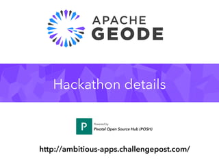 Hackathon details
Powered by 
Pivotal Open Source Hub (POSH)
http://ambitious-apps.challengepost.com/
 