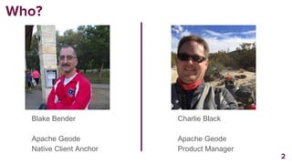 Who?
Blake Bender
Apache Geode
Native Client Anchor
2
Charlie Black
Apache Geode
Product Manager
 