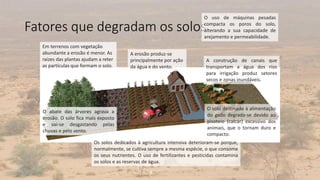 Fatores que degradam os solos
4
Em terrenos com vegetação
abundante a erosão é menor. As
raízes das plantas ajudam a reter
as partículas que formam o solo.
O abate das árvores agrava a
erosão. O solo fica mais exposto
e vai-se desgastando pelas
chuvas e pelo vento.
O uso de máquinas pesadas
compacta os poros do solo,
alterando a sua capacidade de
arejamento e permeabilidade.
A construção de canais que
transportam a água dos rios
para irrigação produz setores
secos e zonas inundáveis.
Os solos dedicados à agricultura intensiva deterioram-se porque,
normalmente, se cultiva sempre a mesma espécie, o que consome
os seus nutrientes. O uso de fertilizantes e pesticidas contamina
os solos e as reservas de água.
O solo destinado à alimentação
do gado degrada-se devido ao
pisoteio (calcar) excessivo dos
animais, que o tornam duro e
compacto.
A erosão produz-se
principalmente por ação
da água e do vento.
 