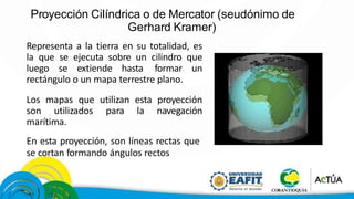 Proyección Acimutal
• LA POLAR: DESVENTAJAS: No se puede
representar toda la superficie terrestre, sólo un
hemisferio (nor...