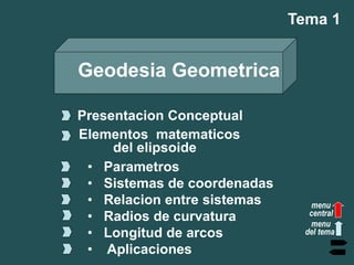 Geodesia Geometrica
Tema 1
Presentacion Conceptual
Elementos matematicos
del elipsoide
• Parametros
• Sistemas de coordenadas
• Relacion entre sistemas
• Radios de curvatura
• Longitud de arcos
• Aplicaciones
menu
central
menu
del tema
 
