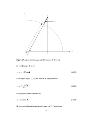 Z
                                            Q



                                                     h
                                      P




                          M




                      ϕ
                                                                  X

                C


Figura 6.7 Elipse Meridiana para la Derivación de Bowring


La coordenada x de C es:


x C = xP − M cos ϕ                                                (6.100)


Usando (3.42) para x P y (3.88) para M, (6.100) se reduce a


     a e 2 cos 3 ϕ
xC =                                                              (6.101)
          W3


Usando (3.66) esto se convierte en:


x C = a e 2 cos 3 β                                               (6.102)


De manera similar calculamos la coordenada z de C. Encontramos:

                                          151
 