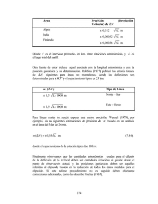 Área                                     Precisión            (Desviación
                                                  Estándar) de ∆N
         Alpes                                            ± 0,012     lL m
         India
                                                          ± 0,00052   lL m
         Finlandia
                                                          ± 0,00036   lL m


Donde l es el intervalo promedio, en km, entre estaciones astronómicas, y L es
el largo total del perfil.


Otra fuente de error incluye aquel asociado con la longitud astronómica y con la
posición geodésica y su determinación. Robbins (1977) publicó los errores totales
de ∆N siguientes para áreas no montañosas, donde las deflexiones son
determinadas para ± 0,7” y el espaciamiento típico es 25 km.


         m ( ∆N )                                             Tipo de Línea

         ± 1,5   L / 1000 m                                   Norte – Sur


                                                              Este - Oeste
         ± 1,9   L / 1000 m


Para líneas cortas se puede esperar una mejor precisión. Wenzel (1978), por
ejemplo, da as siguientes estimaciones de precisión de N, basado en un análisis
               l
en el área del Mar del Norte.


m( ∆N ) = ±0,03 L m                                                           (7.44)


donde el espaciamiento de la estación típica fue 10 km.


Finalmente observamos que las cantidades astronómicas usadas para el cálculo
de la deflexión de la vertical deben ser cantidades reducidas al geoide desde el
punto de observación actual; y las posiciones geodésicas deben ser aquellas
referidas al elipsoide basado en la reducción de todos los datos medidos para el
elipsoide. Si este último procedimiento no es seguido deben efectuarse
correcciones adicionales, como las describe Fischer (1967).




                                     174
 